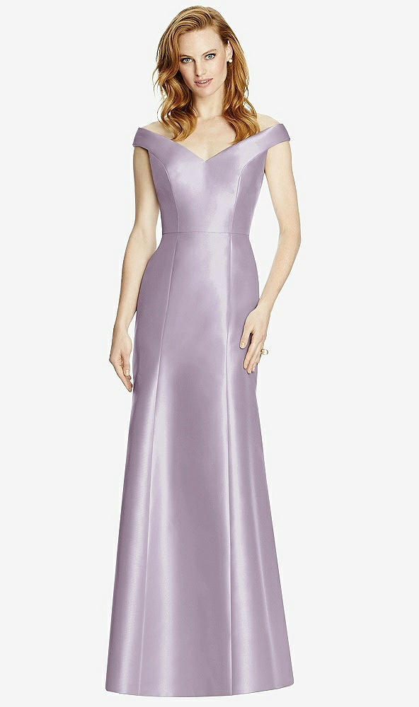 Front View - Lilac Haze Off-the-Shoulder V-Neck Satin Trumpet Gown
