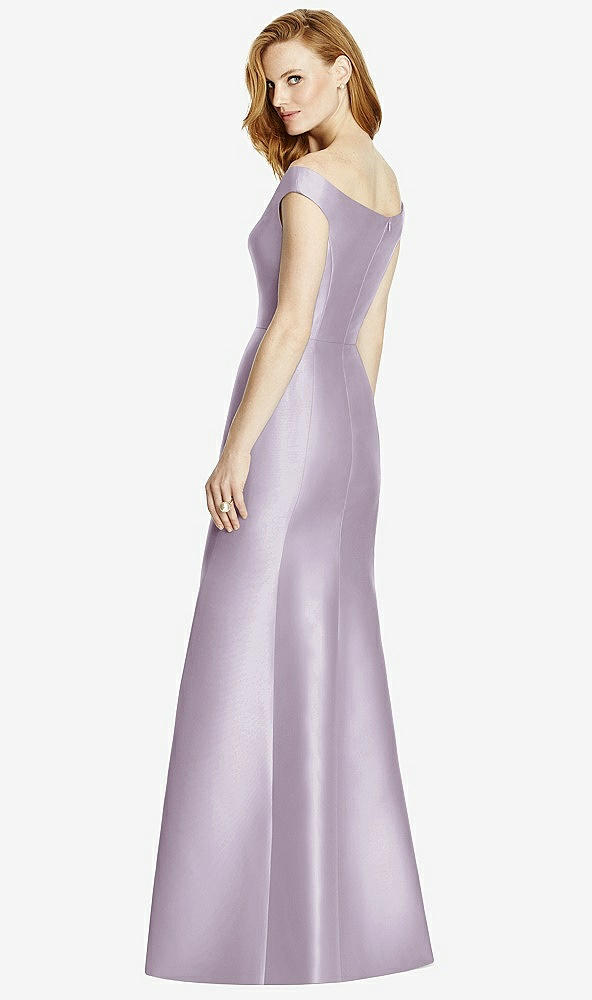 Back View - Lilac Haze Off-the-Shoulder V-Neck Satin Trumpet Gown