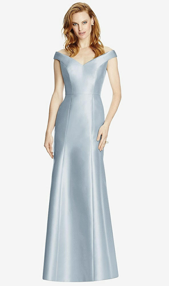 Front View - Mist Off-the-Shoulder V-Neck Satin Trumpet Gown