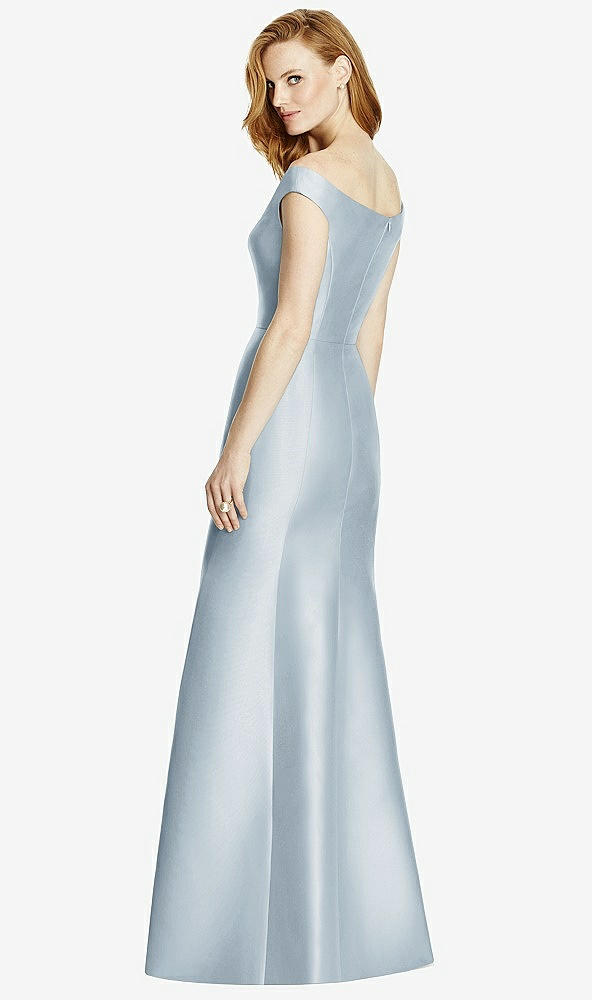 Back View - Mist Off-the-Shoulder V-Neck Satin Trumpet Gown