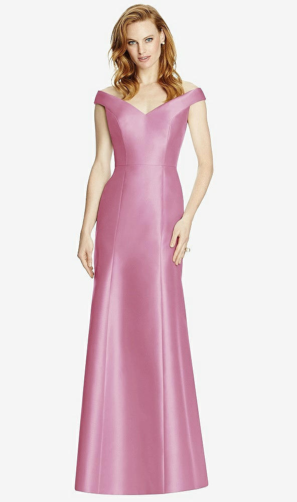 Front View - Powder Pink Off-the-Shoulder V-Neck Satin Trumpet Gown