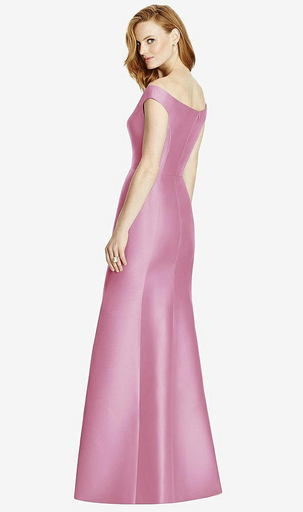 Back View - Powder Pink Off-the-Shoulder V-Neck Satin Trumpet Gown