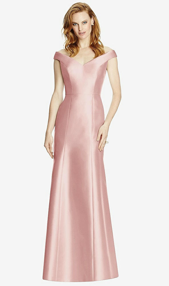 Front View - Rose Off-the-Shoulder V-Neck Satin Trumpet Gown