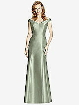 Front View Thumbnail - Sage Off-the-Shoulder V-Neck Satin Trumpet Gown