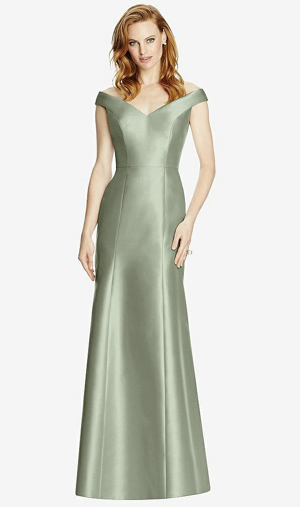 Front View - Sage Off-the-Shoulder V-Neck Satin Trumpet Gown