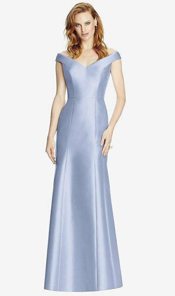 Front View - Sky Blue Off-the-Shoulder V-Neck Satin Trumpet Gown