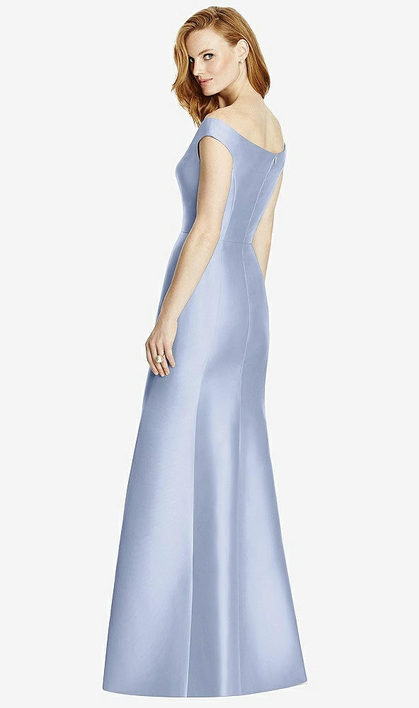 Back View - Sky Blue Off-the-Shoulder V-Neck Satin Trumpet Gown