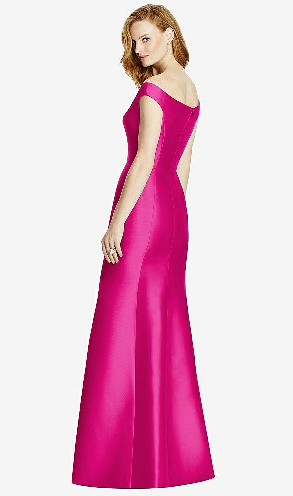Back View - Think Pink Off-the-Shoulder V-Neck Satin Trumpet Gown