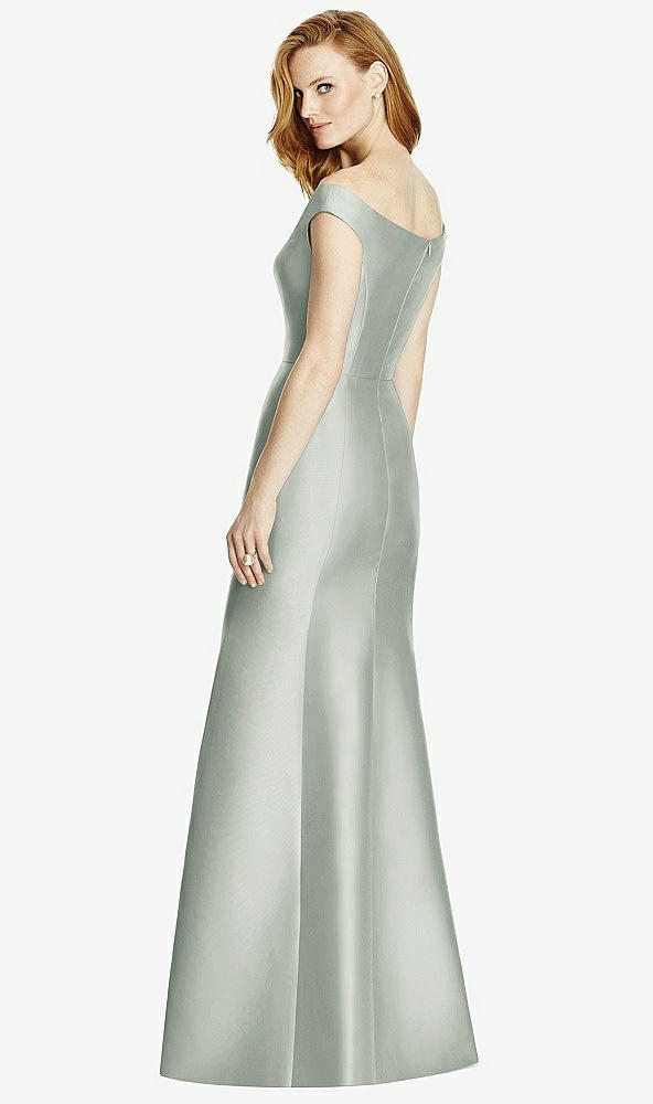 Back View - Willow Green Off-the-Shoulder V-Neck Satin Trumpet Gown