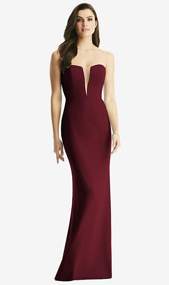 Front View - Cabernet & Light Nude Sheer Plunge Neckline Strapless Column Dress