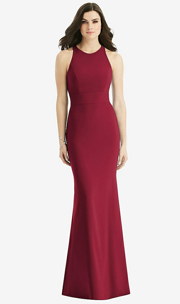Back View - Burgundy Criss Cross Twist Cutout Back Trumpet Gown