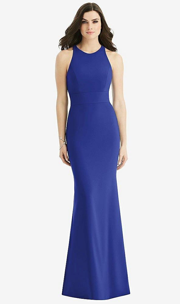 Back View - Cobalt Blue Criss Cross Twist Cutout Back Trumpet Gown