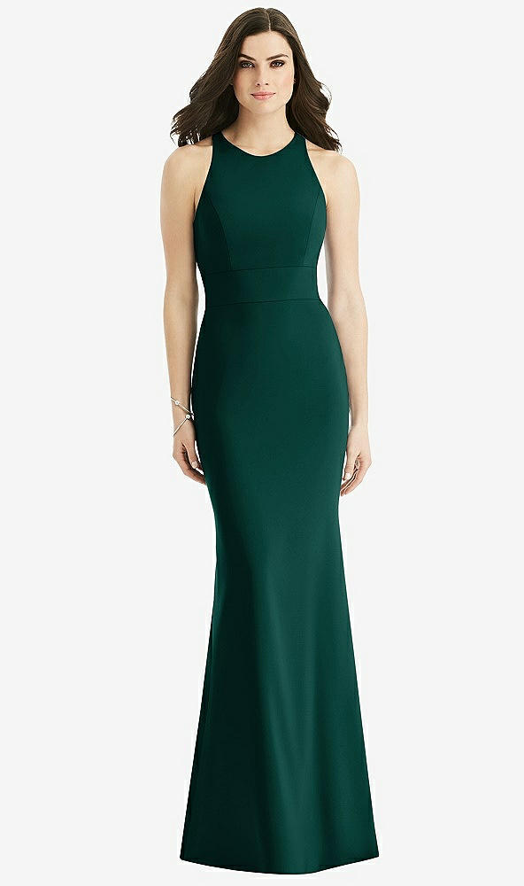 Back View - Evergreen Criss Cross Twist Cutout Back Trumpet Gown