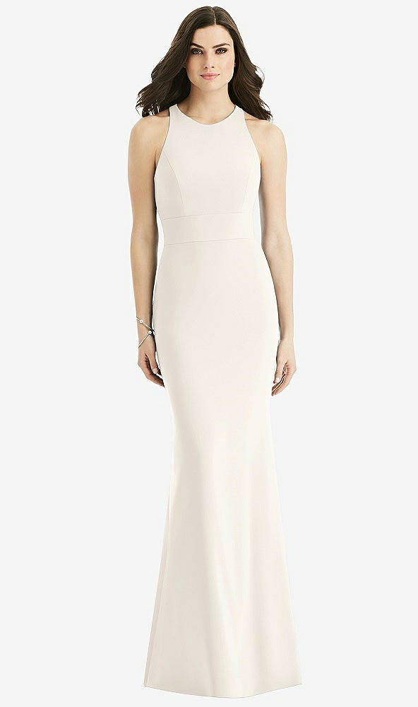 Back View - Ivory Criss Cross Twist Cutout Back Trumpet Gown