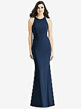 Rear View Thumbnail - Midnight Navy Criss Cross Twist Cutout Back Trumpet Gown