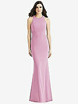 Rear View Thumbnail - Powder Pink Criss Cross Twist Cutout Back Trumpet Gown