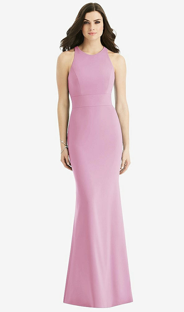 Back View - Powder Pink Criss Cross Twist Cutout Back Trumpet Gown