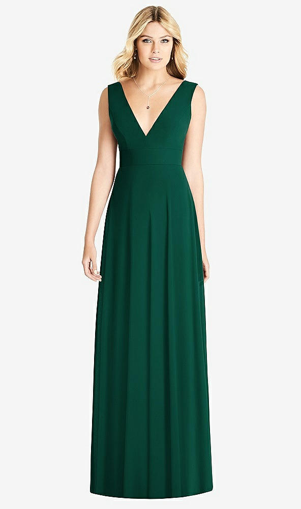 Front View - Hunter Green Sleeveless Deep V-Neck Open-Back Dress