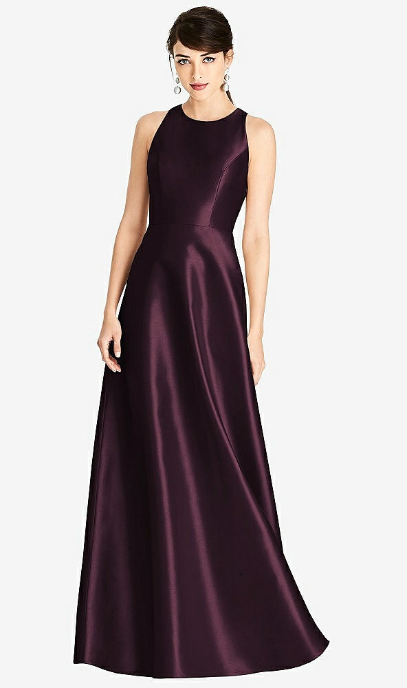 Front View - Deep Plum Sleeveless Open-Back Satin A-Line Dress