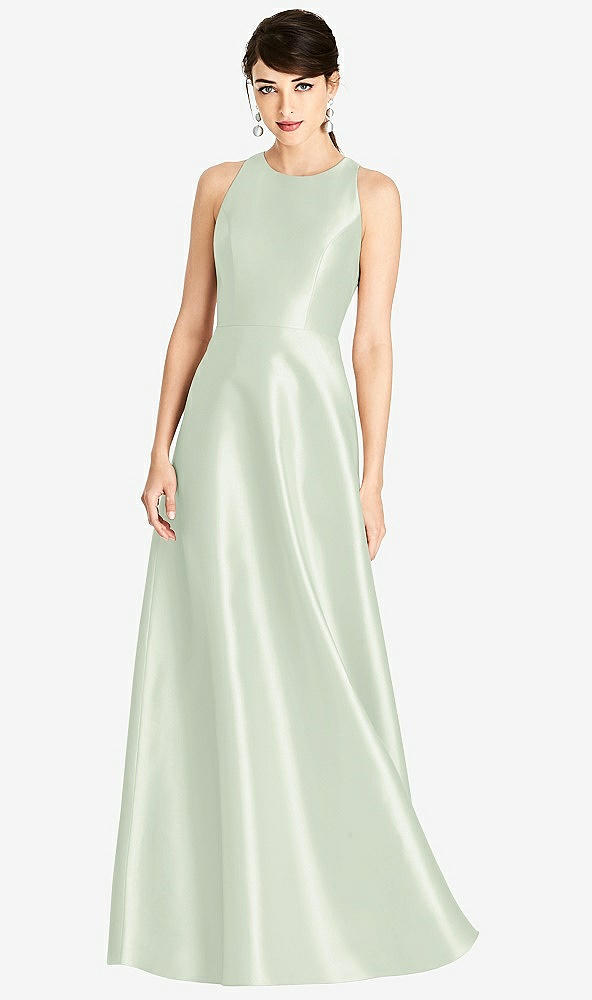 Front View - Mint Green Sleeveless Open-Back Satin A-Line Dress