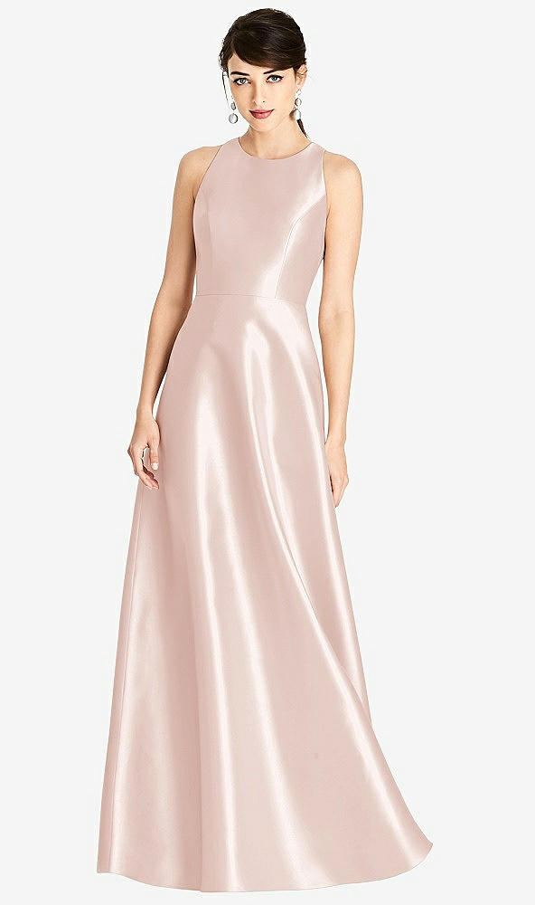 Front View - Blush Sleeveless Open-Back Satin A-Line Dress
