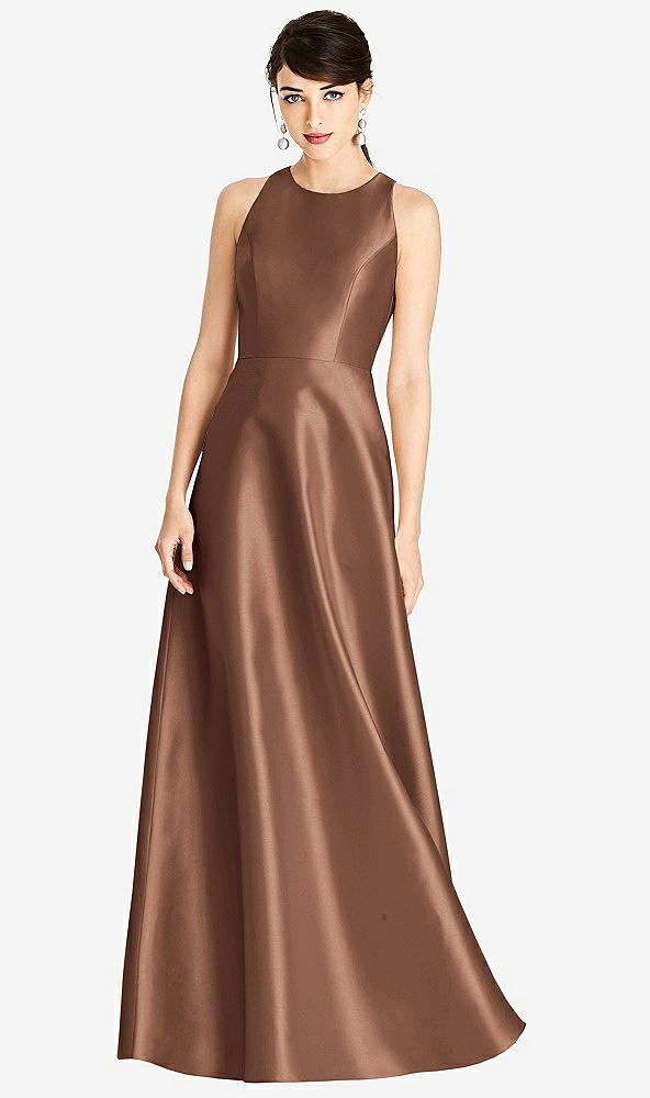 Front View - Cognac Sleeveless Open-Back Satin A-Line Dress
