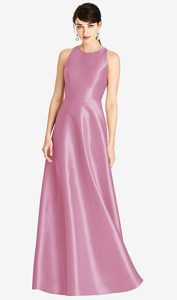 Front View - Powder Pink Sleeveless Open-Back Satin A-Line Dress