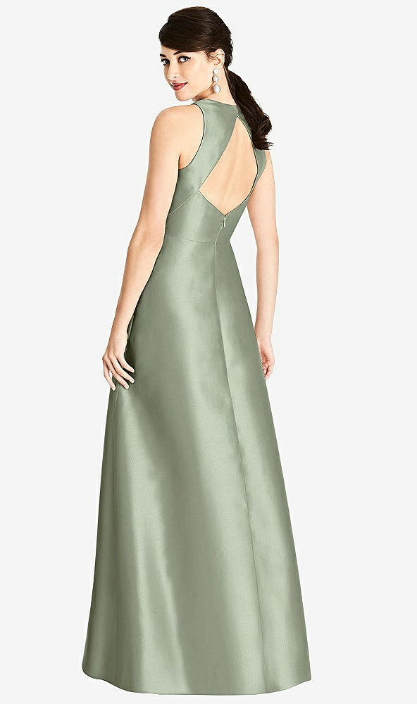 Back View - Sage Sleeveless Open-Back Satin A-Line Dress