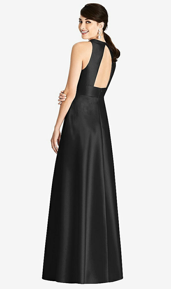 Back View - Black Sleeveless Open-Back Pleated Skirt Dress with Pockets