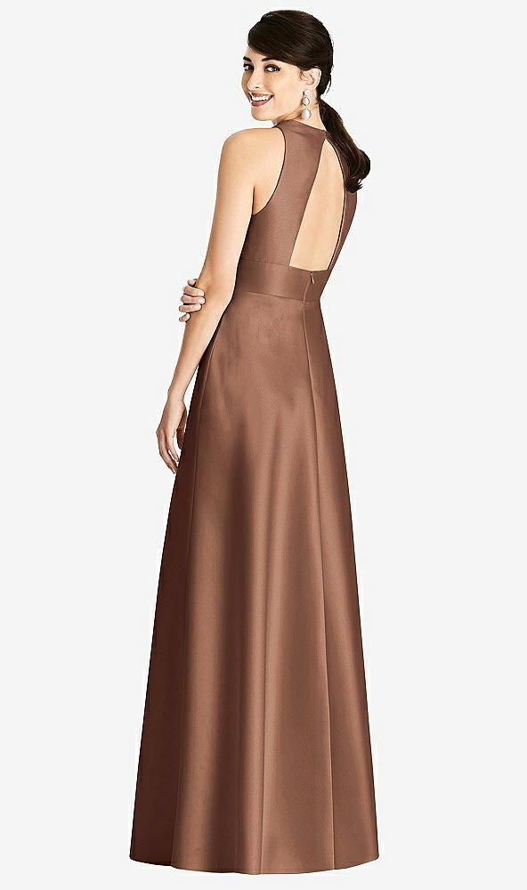 Back View - Cognac Sleeveless Open-Back Pleated Skirt Dress with Pockets