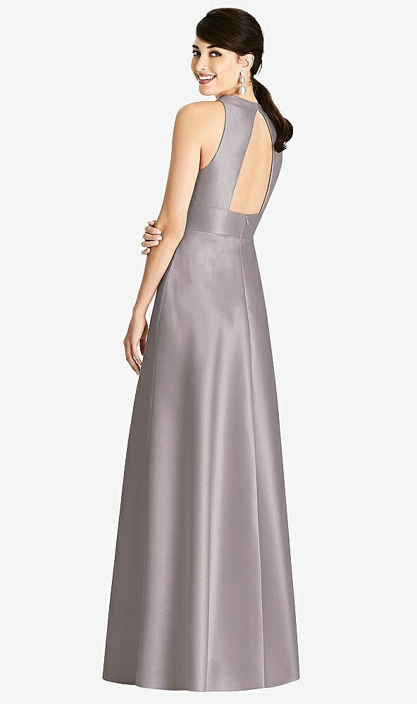Back View - Cashmere Gray Sleeveless Open-Back Pleated Skirt Dress with Pockets