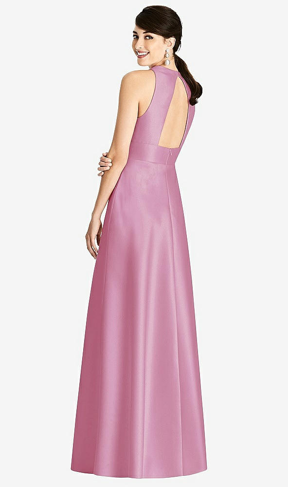 Back View - Powder Pink Sleeveless Open-Back Pleated Skirt Dress with Pockets