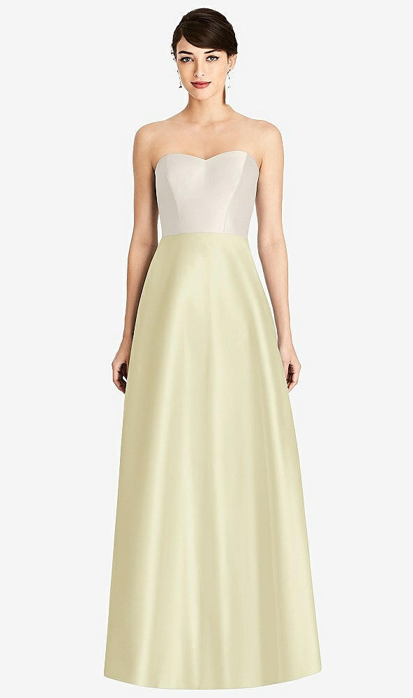 Front View - Butter Yellow & Ivory Strapless A-Line Satin Dress with Pockets