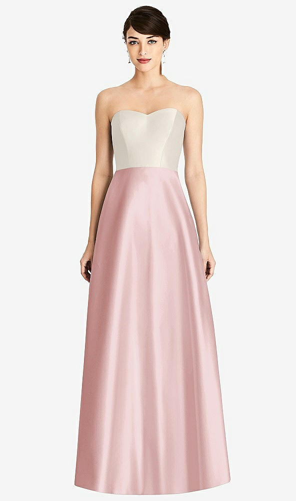 Front View - Ballet Pink & Ivory Strapless A-Line Satin Dress with Pockets