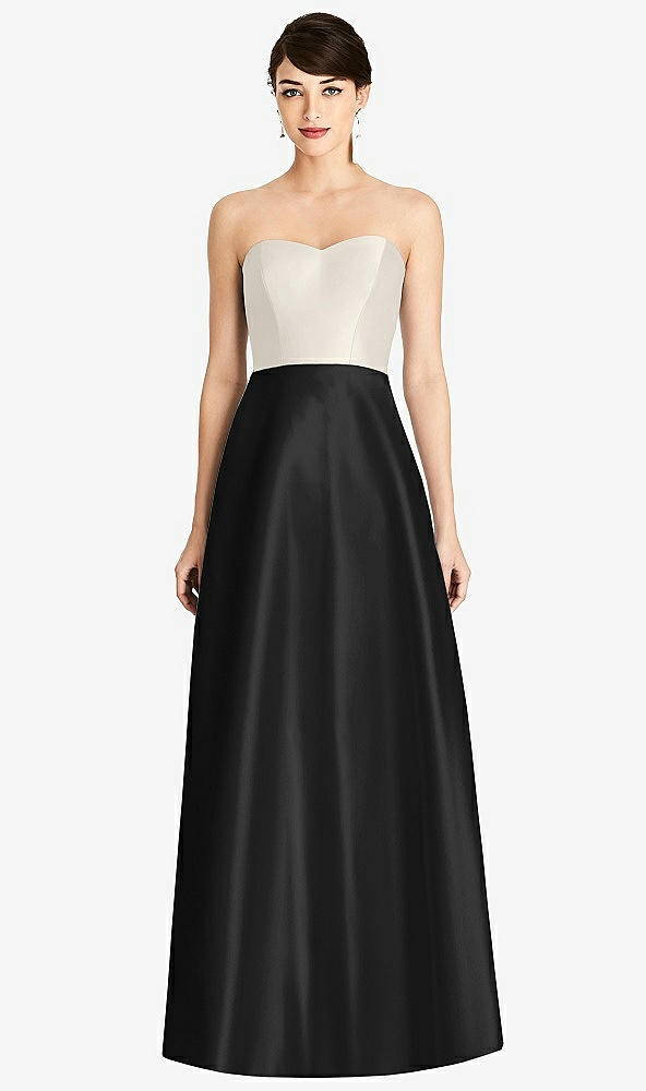 Front View - Black & Ivory Strapless A-Line Satin Dress with Pockets