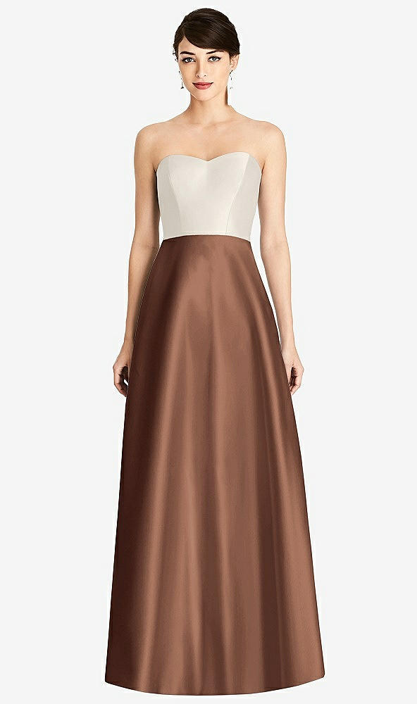 Front View - Cognac & Ivory Strapless A-Line Satin Dress with Pockets