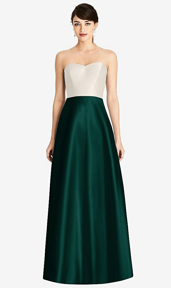 Front View - Evergreen & Ivory Strapless A-Line Satin Dress with Pockets