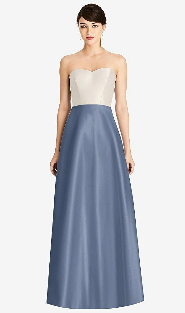 Front View - Larkspur Blue & Ivory Strapless A-Line Satin Dress with Pockets