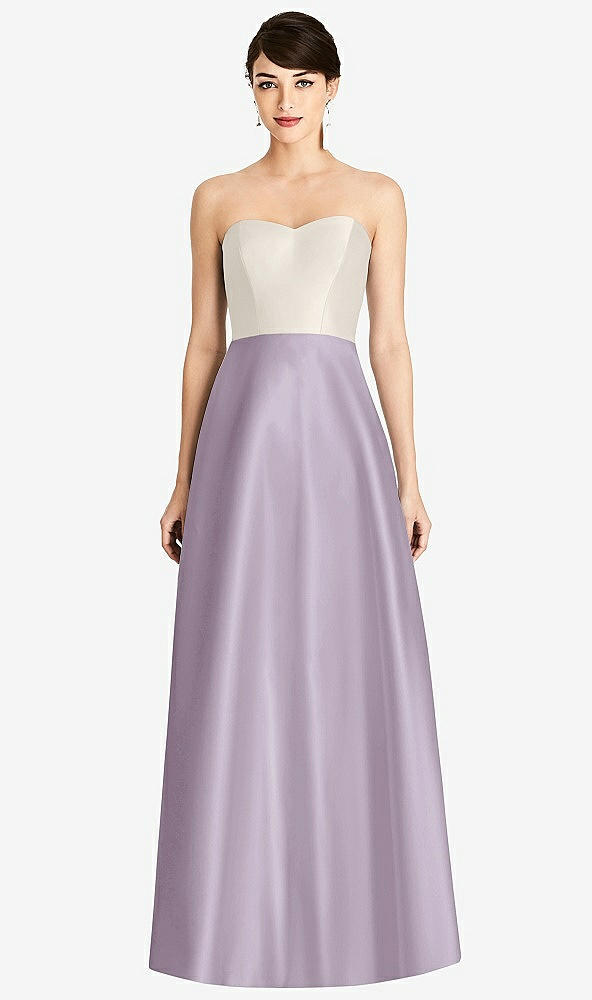 Front View - Lilac Haze & Ivory Strapless A-Line Satin Dress with Pockets