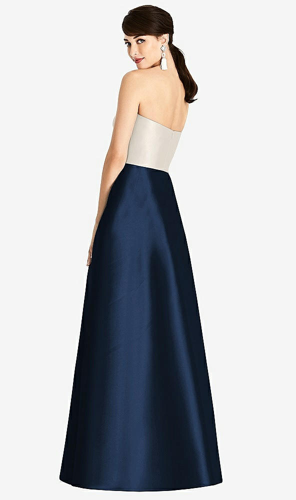 Back View - Midnight Navy & Ivory Strapless A-Line Satin Dress with Pockets