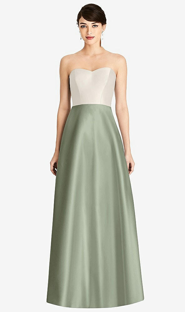 Front View - Sage & Ivory Strapless A-Line Satin Dress with Pockets