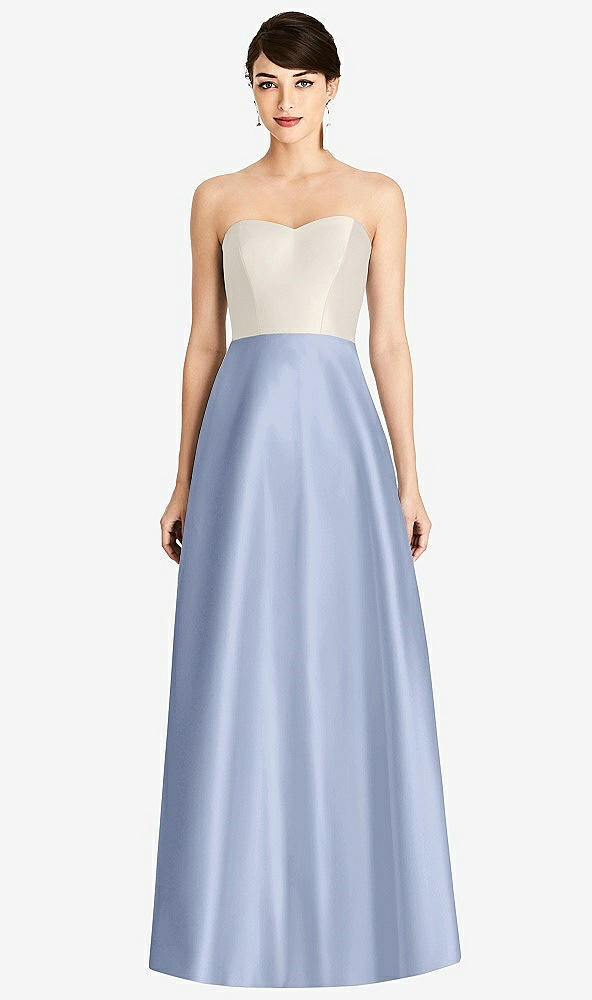 Front View - Sky Blue & Ivory Strapless A-Line Satin Dress with Pockets