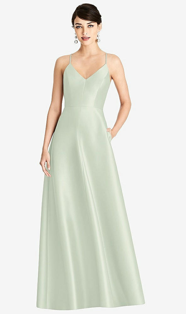 Front View - Mint Green V-Neck Full Skirt Satin Maxi Dress