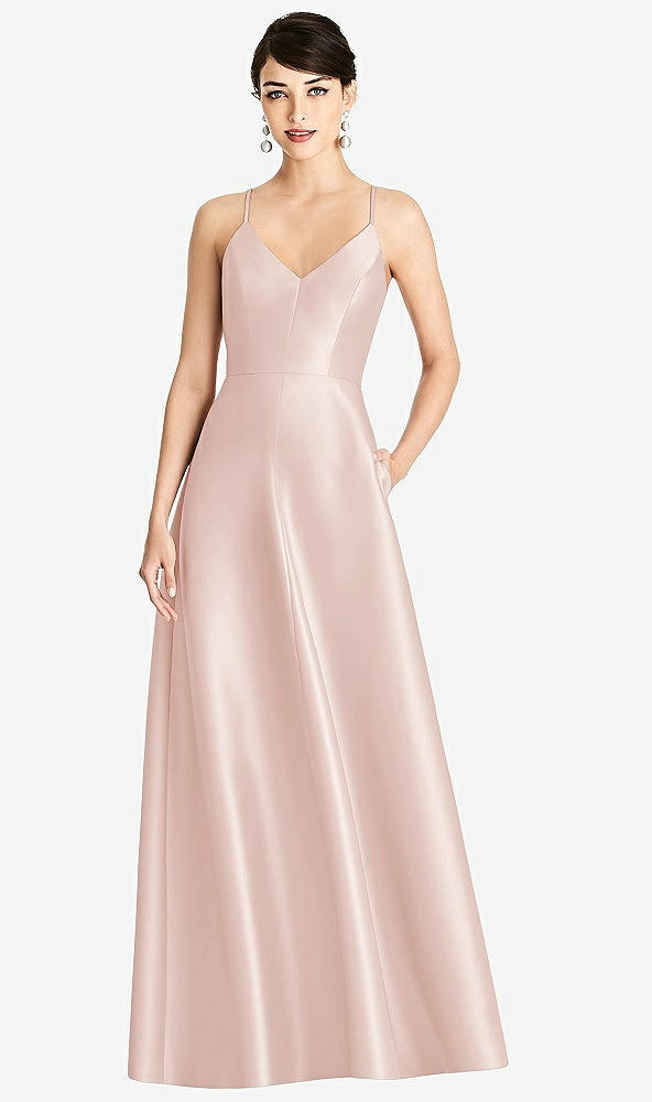Front View - Blush V-Neck Full Skirt Satin Maxi Dress