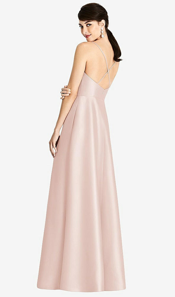 Back View - Blush V-Neck Full Skirt Satin Maxi Dress
