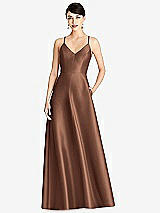 Front View Thumbnail - Cognac V-Neck Full Skirt Satin Maxi Dress