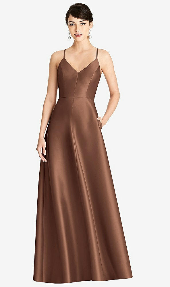 Front View - Cognac V-Neck Full Skirt Satin Maxi Dress