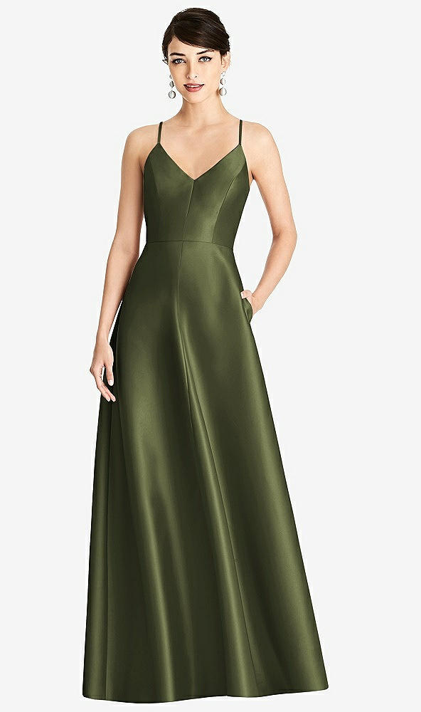 Front View - Olive Green V-Neck Full Skirt Satin Maxi Dress