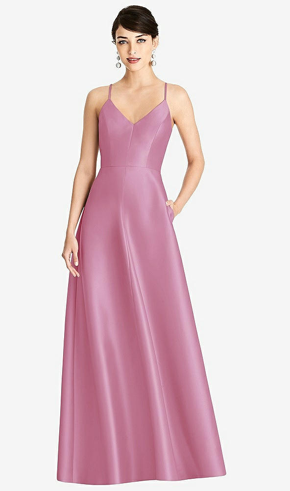 Front View - Powder Pink V-Neck Full Skirt Satin Maxi Dress