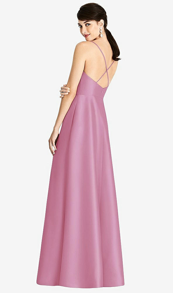 Back View - Powder Pink V-Neck Full Skirt Satin Maxi Dress